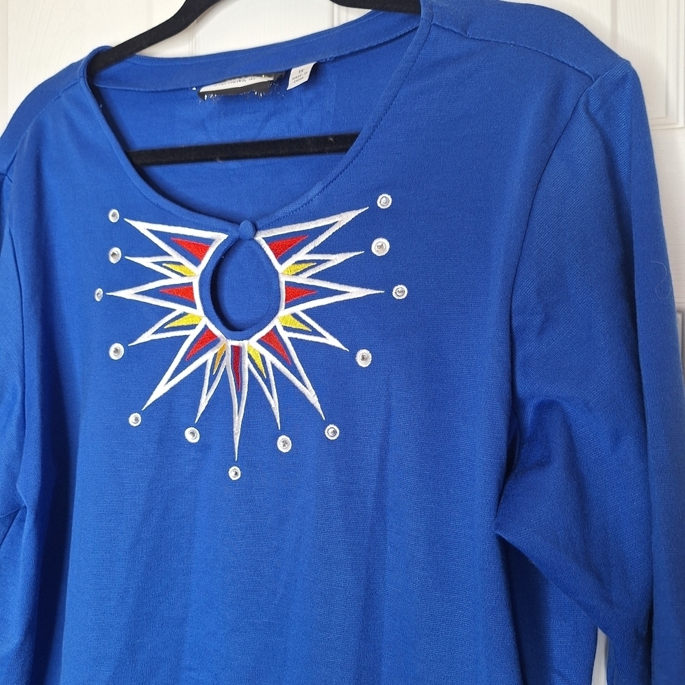 Bob Mackie Blue Starburst Embellished Long Sleeve Top Size 1X - Picture 2 of 5